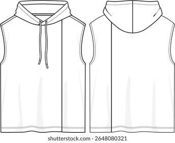 Homens soltos ajuste ativo sem mangas capuz top com corte vertical no lado do usuário esquerdo, capuz com cordão, bainha reta regular, esboço frente e trás, vetores, ative wear