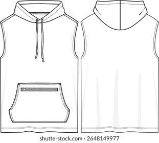 Homens soltos caber ativo sem mangas capuz top com bolso canguru com zíper, capuz com cordão, bainha reta regular, esboço frente e trás, vetores, ative wear, melhor item