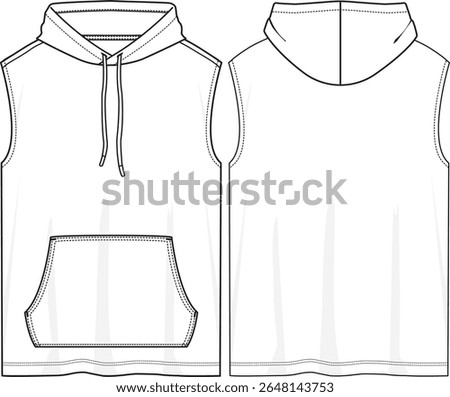Men loose fit active sleeveless hooded tank top with kangaroo pocket, hoodie with drawcord, regular straight hem, sketch front and back, vectors, activewear, best item
