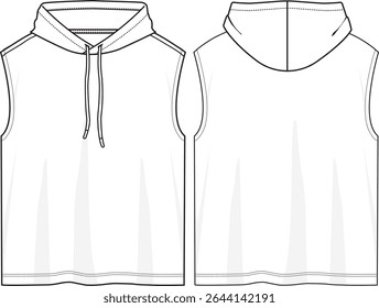 Men loose fit sport hooded tank top, sleeveless, hoodie with drawcord, sketch front and back, vectors
