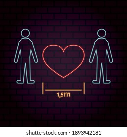 Сouple of men in love. LGBT. Please keep your distance. Neon illustration. Happy Valentine's Day. Stop the coronavirus.