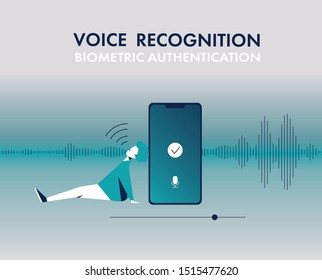 Men lying near phone recognizing voice. Concept of biometric authentication. Flat vector illustration
