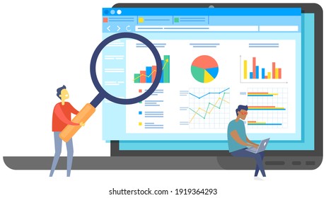 Men with magnifying glass analyze statistical indices on presentation with graph and charts on laptop screen, examines indicators of activity growth. Project management and financial report strategy