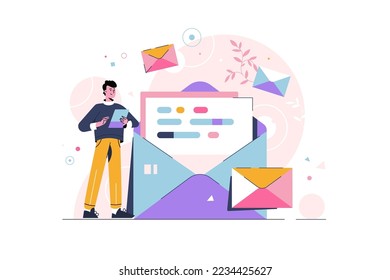 Men with mail. Chatting. Business vector illustration. Men reading letter. Working process. New email message, mail notification. Social network, chat. New incoming message, sms, spam.