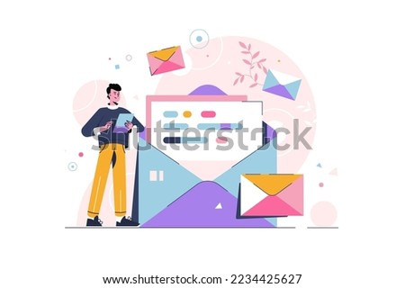 Men with mail. Chatting. Business vector illustration. Men reading letter. Working process. New email message, mail notification. Social network, chat. New incoming message, sms, spam.