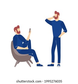 Männer unterhalten sich mit dem Handy oder machen per Videokonferenz. Kommunikation und Konversation mit Smartphone, Vektorgrafik von Telefonanrufen, SMS, Reden und Chat