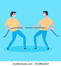 Men make every effort to pull the rope on themselves. Tough competition. Metaphor a lot of willpower. Fight with yourself. Overcome obstacles. Internal self-examination. Vector