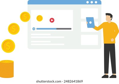 Men make money online from videos. a successful content creator monetizing videos. Video monetization concept, earn money on the internet, earn online. Flat vector illustration for web UI design