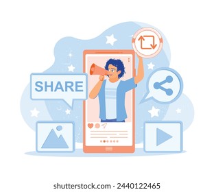 Men make posts on social media. Digital advertising, social media marketing. Blog concept. Flat vector illustration.