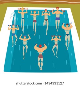 Men Making Aqua Gym Exercises with Dumbbells in Swimming Pool, People Doing Water Aerobics Exercises, Group Fitness Class Vector Illustration