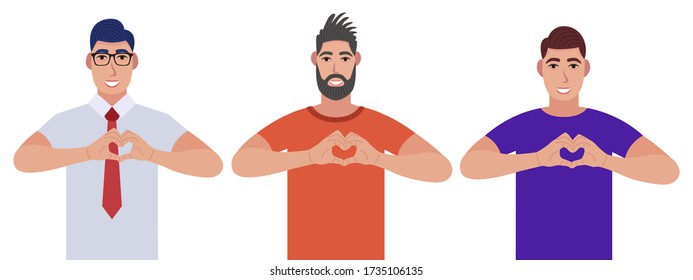 Hombres haciendo o gestando el símbolo del corazón con los dedos. Juego de caracteres. Ilustración vectorial al estilo de las caricaturas.