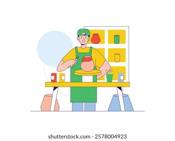 Men making pottery, a creative craft that brings in money. Character design. Vector flat illustration