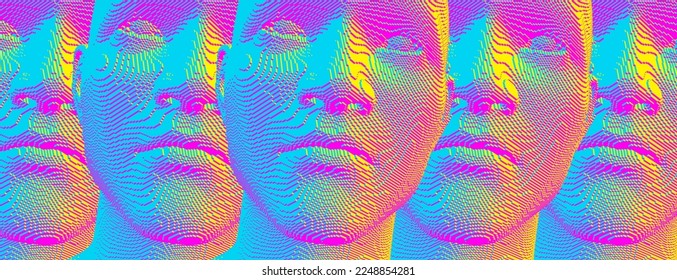 Men making sad face. Voxel art. Group of people for design. Technology and robotics concept. 3D vector illustration of multiple cloned humans. Design for banner, flyer, poster, cover or brochure.