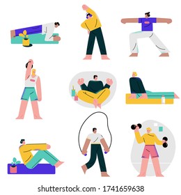 Men making sport and doing exercices and workouts at home during coronavirus epidemic