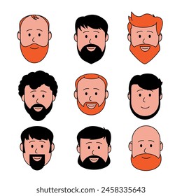 Hombres Masculino Cara Humana Cabello Peinado Bigote Calvo Personas Moda. Diseño de avatar plano para las redes sociales. Ilustración vectorial.