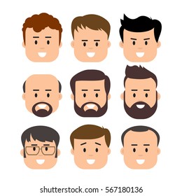 Men Male Human Face Head Hair Hairstyle Mustache Bald People Fashion. Design flat avatar for social media. Vector illustration.