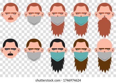 Men Male Human Face with medical mask Head Hair Hairstyle Mustache Bald People Fashion. Design flat avatar. Vector illustration.