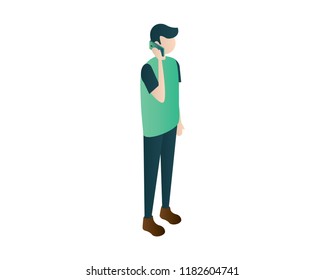 men man isometric call mobile phone illustration vector, people isometric,standing men vector illustration