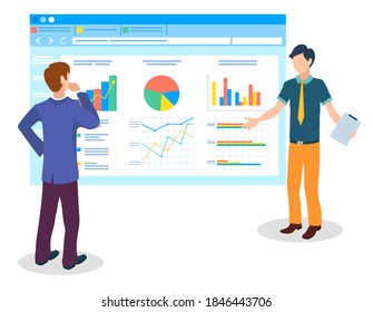 Men or managers study analytical data on huge cartoon monitor, bar and pie charts, area diagram, up arrows, growth. Consumer market analysis, customer base attraction. Flat image isolated on white