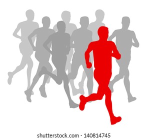 Men marathon winner finish vector background and group of runners