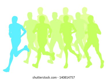 Men marathon winner finish vector background and group of runners