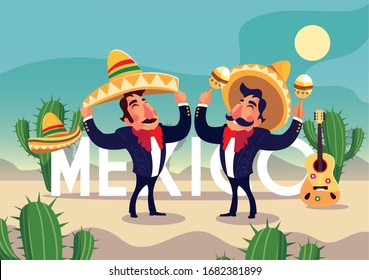 men mariachi with label mexico vector illustration design