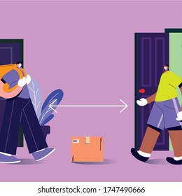 men with masks delivering and receiving secure packagevector illustration desing