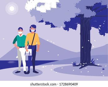 Men with masks in front of landscape design of Covid 19 virus theme Vector illustration