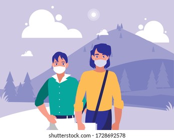 Men with masks in front of landscape design of Covid 19 virus theme Vector illustration