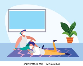 Men with masks at home design of Covid 19 virus theme Vector illustration