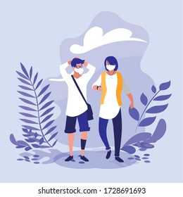 Men with masks and leaves outside design of Covid 19 virus theme Vector illustration