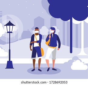 Men with masks outside at park design of Covid 19 virus theme Vector illustration