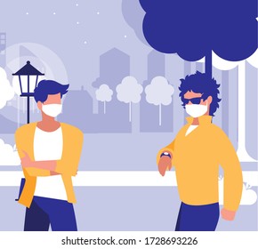 Men with masks outside at park design of Covid 19 virus theme Vector illustration