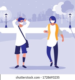 Men with masks outside at park design of Covid 19 virus theme Vector illustration