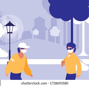 Men with masks outside at park design of Covid 19 virus theme Vector illustration