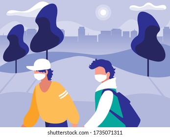 Men with masks at park in front of city buildings design of Covid 19 virus theme Vector illustration