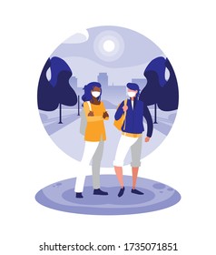 Men with masks at park in front of city buildings design of Covid 19 virus theme Vector illustration