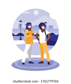 Men with masks at park in front of city buildings design of Covid 19 virus theme Vector illustration