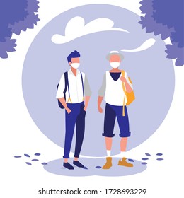 Hombres con máscaras y árboles fuera del diseño del tema del virus Covid 19 Ilustración vectorial