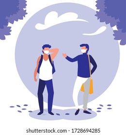 Men with masks and trees outside design of Covid 19 virus theme Vector illustration