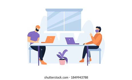 Men in masks work using laptops in the office. Office work Illustration