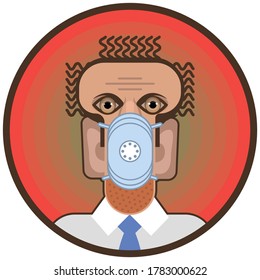 Men in a medical mask. Comic portrait.
A flat, multicolored image of a man wearing a tie and face protection.