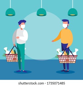 men with medical mask in the supermarket with precautions by coronavirus, social distancing vector illustration design