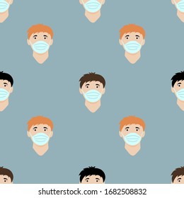 Men in medical masks. Corona virus. Vector illustration in flat style. Seamless pattern.