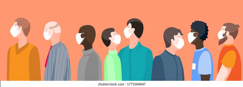 Men in medical masks waiting in queue vector illustration. Man only crowd long line standing.  Man hipster, smiling, bearded men. 