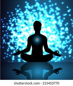 Men meditate, yoga. Abstract vector background, Lights elements background. 