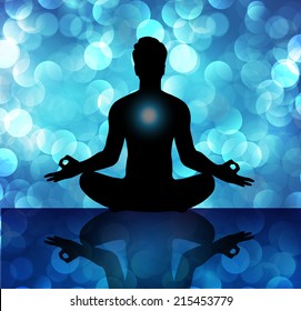 Men meditate, yoga. Abstract vector background, Lights elements background. 