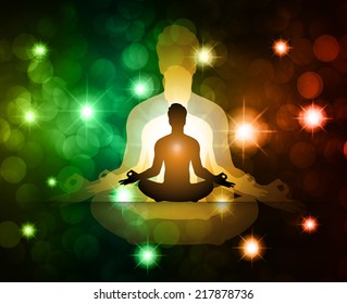 Men meditate, yoga. Abstract vector background, Lights elements background. 