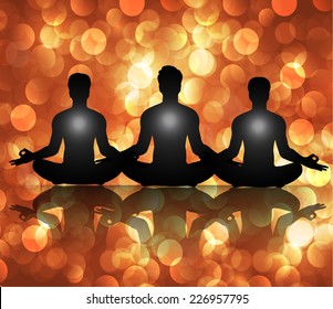 Men meditate, yoga. Abstract vector background, Orange Lights elements background. 