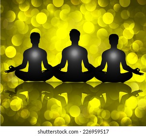 Men meditate, yoga. Abstract vector background, yellow Lights elements background. 